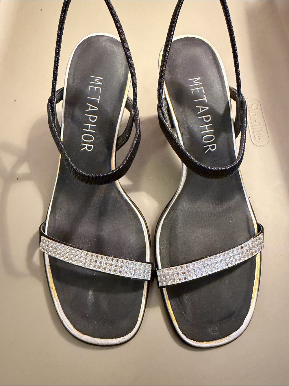 Metaphor Black Slingback Sandals with Sparkling Crystal Toe Strap